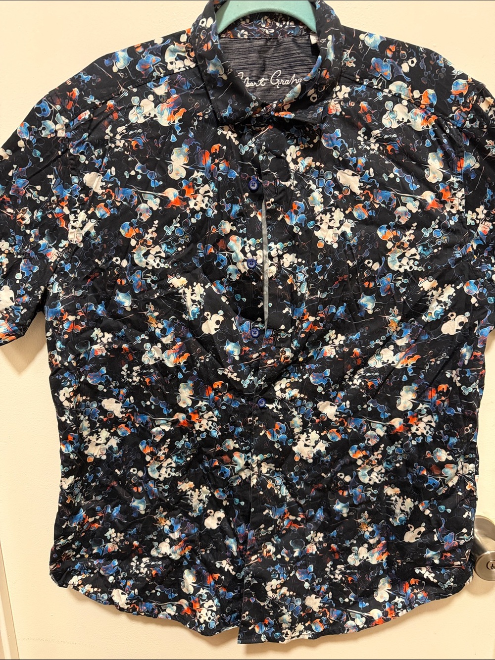 Robert Graham Black Floral Shirt with Blue and Orange Details